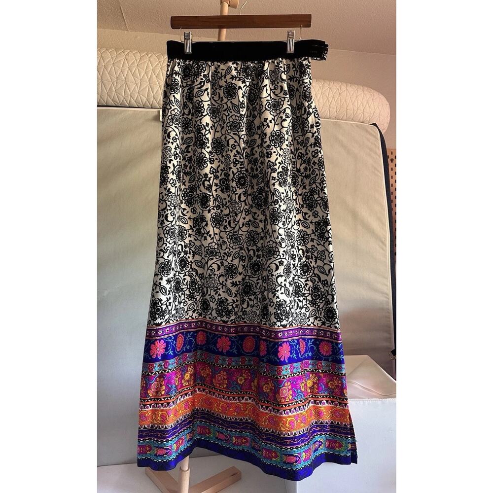 70s Vintage Alex Colman Boho Maxi Skirt Folk Floral Print Psychedelic Border Hem